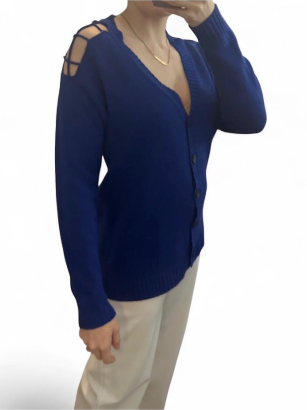Blue Cardigan Sweater Button Front Open Shoulder Lattice Back Women’s Size Small